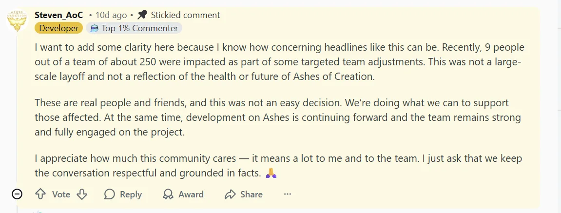 Ashes of Creation layoffs